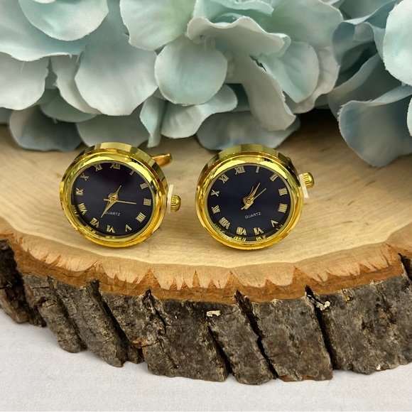 Elegant Ocean Blue and Gold Quartz Watch Cufflinks - Picture 2 of 16